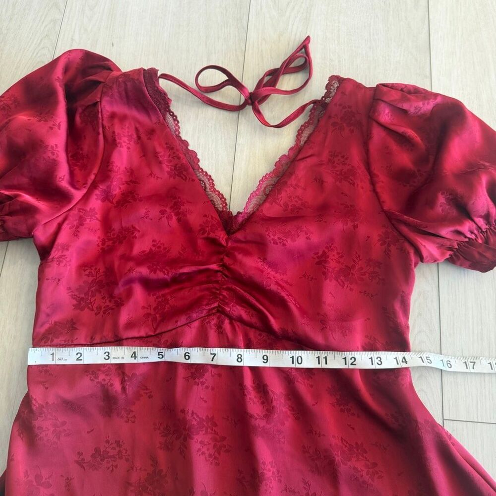 Red Satin Floral A-Line Midi Dress - Elegant V-Neck - Picture 3 of 7